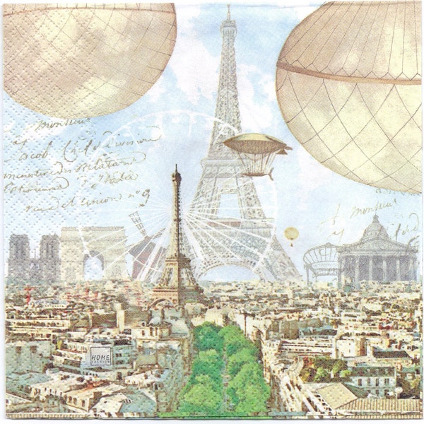 4 serviettes de découpage | Vintage Paris Tour Eiffel Ballons Dirigeables Arc de Triomphe | Serviettes de Paris | Serviettes en papier pour le découpage