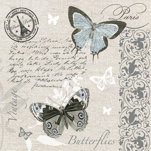 May include: A vintage-style print featuring two butterflies with blue and gray wings against a beige background. The print includes the word "Paris" and a stamp with the Eiffel Tower, along with script and the word "Butterflies".