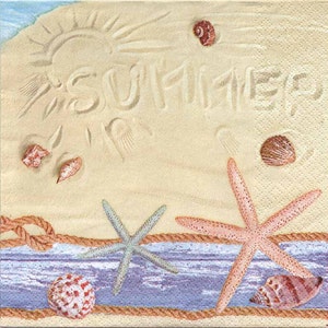 Servilletas para decoupage / Día de verano en la playa, conchas marinas y arena / Servilletas de mar / Servilletas marinas / Servilletas de playa / Servilletas de papel para decoupage