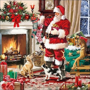 Christmas Santa with Pets Decoupage Napkins - Set of 4