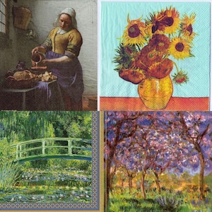 May include: Four decorative paper napkins featuring famous paintings. One depicts a woman pouring liquid, another shows sunflowers in a vase, a third features a bridge over a pond, and the last shows trees with pink blossoms.