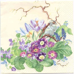 Spring Flowers and Bird Decoupage Napkins - Set of 4