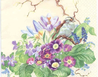 Spring Flowers and Bird Decoupage Napkins - Set of 4