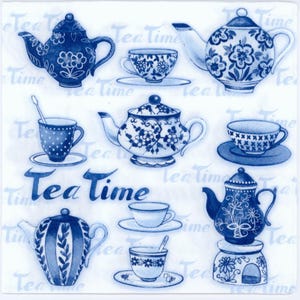 May include: A square image featuring various blue and white teapots and teacups with floral and patterned designs. The phrase "Tea Time" is written in a cursive font across the image. The overall theme is tea and tea accessories.