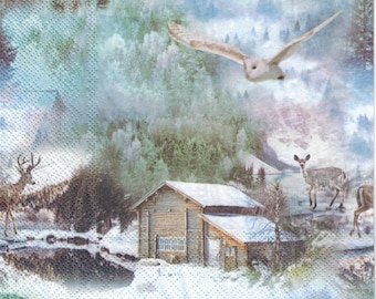 Decoupage servetten met uil in bergtafereel - set van 4 inch