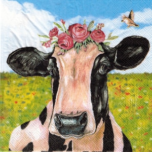Cow Napkins with Flowers: Decoupage Paper Napkins (Set of 4)