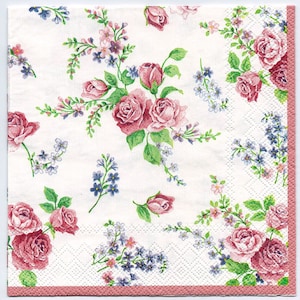 4 Decoupage-Servietten | Rosen auf Weiß | Rose Servietten | Blumen-Servietten | rosa Rosen | Serviette Decoupage | Papierservietten für Decoupage