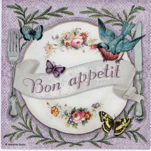 Serwetki do decoupage'u z motywem ptaków i motyli: Lunch z napisem French Script (zestaw 4 szt.)