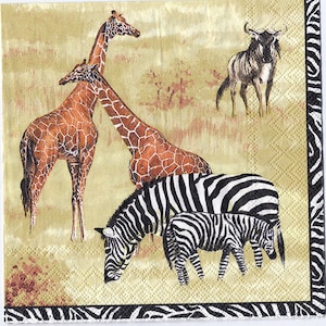 4 Decoupage-Servietten | Afrikanische Wildtiere Leopard Nashorn Zebra Giraffe Gazelle Gnu | Wild Servietten | Papierservietten für Decoupage