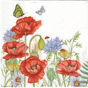 Poppy & Butterfly Decoupage Paper Napkins | Floral Print, Set of 4