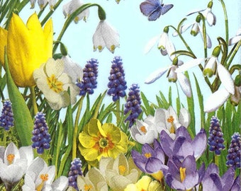 4 Decoupage Napkins | Wildflower Garden Tulips Butterflies | Floral Napkins | Garden Napkins | Spring Napkins | Paper Napkins for Decoupage