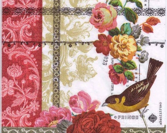 Roses, Lace & Bird Decoupage Paper Napkins - Set of 4