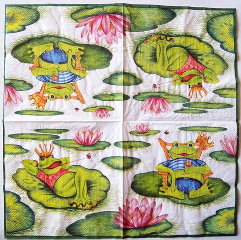 Decoupage Napkins Frog Holiday on a Lilypad Paper Napkins for Decoupage image 2