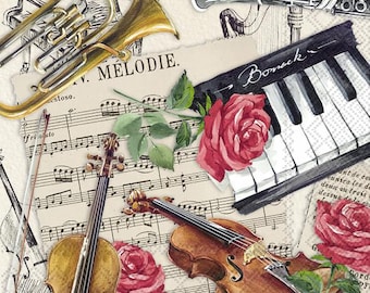 May include: An artistic collage featuring musical instruments and floral elements. A golden brass instrument, a clarinet, and a piano are arranged with violins, sheet music, and red roses. The word "MELODIE" is visible on a sheet of music.