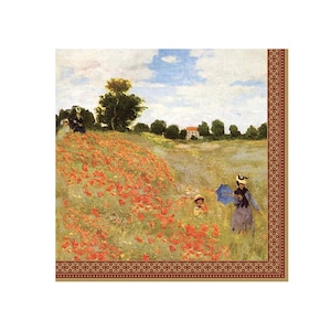 May include: A painting of a field of red poppies with people walking through it. The painting is framed with a gold and red border.