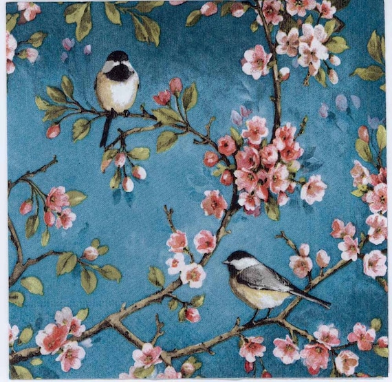 4 Decoupage paper Napkins | Birds and Cherry Blossoms | Bird Napkins |  Cherry Blossom Napkins | Floral Napkins | Paper Napkins for Decoupage