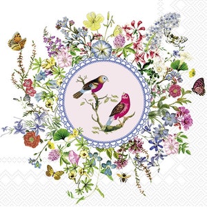 4 Decoupage-Servietten | Vogel-Servietten | Schmetterling Servietten | Frühlingsblumen Medaillon Papierservietten für die Decoupage