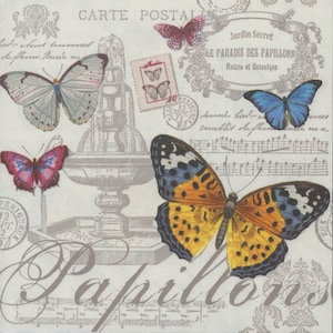 4 servilletas para decoupage / Postales de fuente de París con mariposas / Servilletas de mariposas / Servilletas de París / Servilletas de papel para decoupage