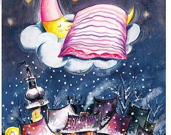 Papel de arroz italiano para decoupage l Luna soñolienta en una acogedora noche de invierno / Noche tranquila