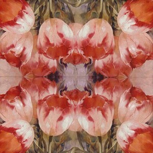 May include: A symmetrical floral pattern featuring multiple tulips in shades of red, pink, and orange. The flowers have white edges and are set against a backdrop of green leaves and a muted, textured background. The overall design is artistic and decorative.