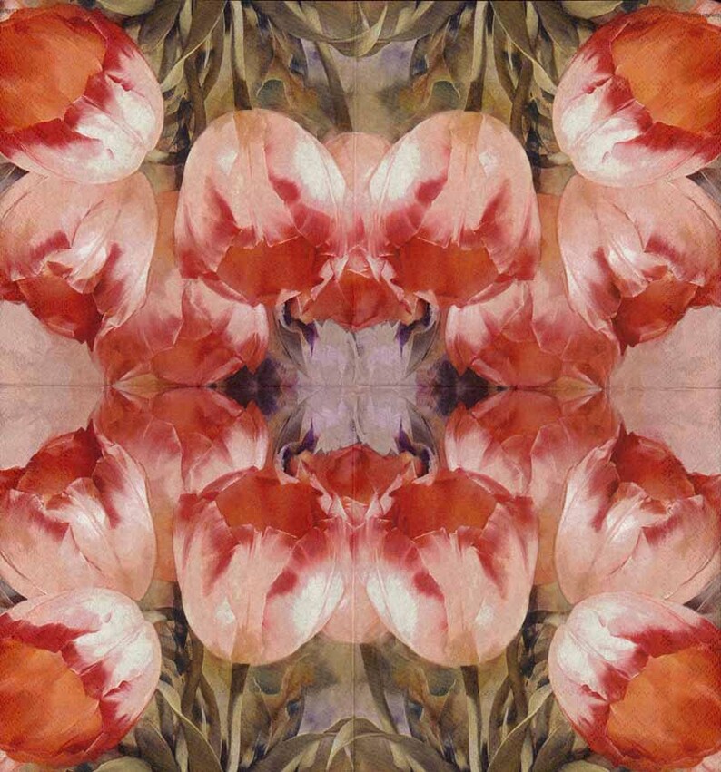 May include: A symmetrical floral pattern featuring multiple tulips in shades of red, pink, and orange. The flowers have white edges and are set against a backdrop of green leaves and a muted, textured background. The overall design is artistic and decorative.