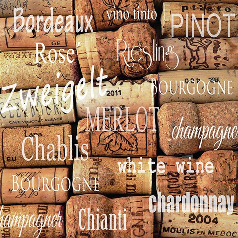 May include: A collection of wine corks with various wine names in white script. The corks are arranged closely together, creating a textured background. Wine names include Bordeaux, Pinot, Merlot, and Chardonnay.