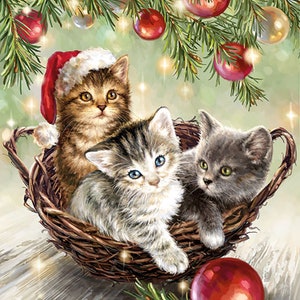 Christmas Kitten Napkins: Cats in Basket, Holiday Decoupage (Set of 4)