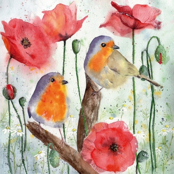 4 Decoupage Paper Napkin of Red Robin & Poppy