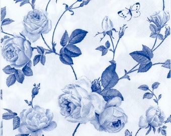 4 Decoupage Paper Napkins | Blue rambling rose |  Decorative Rose Napkins |Blue luncheon Napkins|Floral Napkins|Paper Napkins for Decoupage