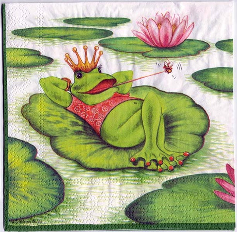 Decoupage Napkins Frog Holiday on a Lilypad Paper Napkins for Decoupage image 1