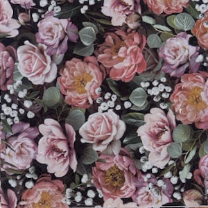 May include: A floral pattern featuring roses and peonies in shades of pink, peach, and mauve, set against a dark background. The design includes green leaves and small white flower clusters, creating a vintage, botanical aesthetic.