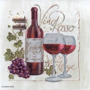 May include: A still life image of a bottle of red wine with a label that reads "Vino Rosso". Two glasses of red wine are in front of the bottle. The image is set against a background of a vine with grapes.