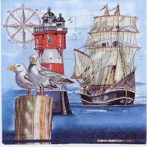 4 Tovaglioli per decoupage / Gabbiani con faro e nave alta / Tovaglioli Gabbiano / Tovaglioli Nave / Tovaglioli Mare / Tovaglioli di carta per decoupage