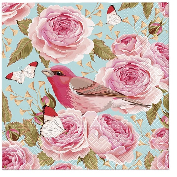 4 servilletas de papel para decoupage / Rosas rosas con pájaros Servilletas  de mariposas / Servilletas florales / Servilletas de papel para Decoupage -   España
