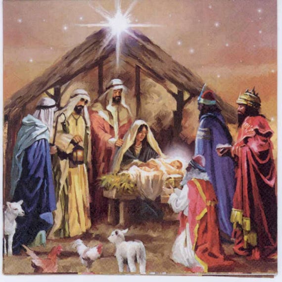 Immagini Di Natale Sacre.4 Tovaglioli Di Natale Sacra Famiglia E Re Magi Gesu E Etsy