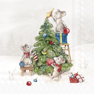 4 Christmas Napkins |  Mice decorate  Christmas Tree | Cute Napkins | Animal Napkins | Xmas Paper Napkins for Decoupage