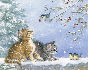 4 Decoupage Napkins | Cat watch birds in the garden | Kitten Paper Napkins for Decoupage