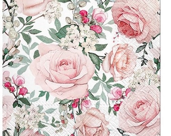 4 Decoupage Napkins | Pink & Beige Rose Bouquets | Floral Napkins | Wedding Napkins | Lunch Paper Napkins for DIY Craft