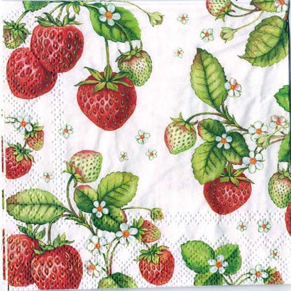 4 Decoupage Napkins | Strawberries  | Strawberry Napkins | Fruit Napkins | Garden Napkins | Paper Napkins for Decoupage