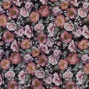 May include: A floral pattern featuring a dense arrangement of pink and peach roses, interspersed with small white flowers and green foliage. The background is a dark, muted color, creating a contrast that highlights the blooms. The overall design has a vintage, romantic feel.