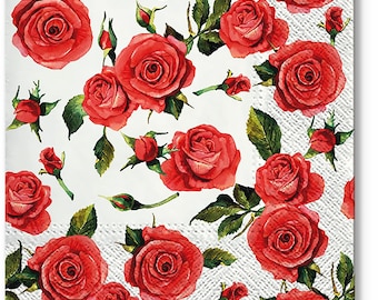 4 serviettes de découpage | Petites roses rouges en motif | Serviettes florales | Serviettes roses | Serviettes de fête de mariage | Serviettes en papier pour le découpage