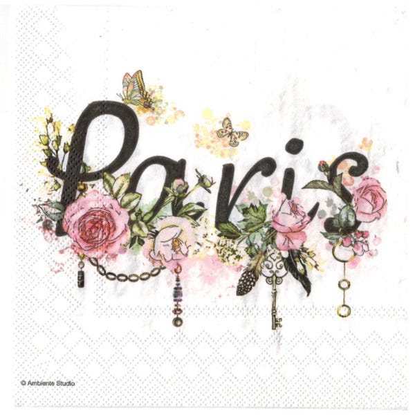 4 Decoupage-Papierservietten mit Schriftzug und Blumenmotiven