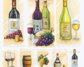 4 serviettes de découpage | Bouteilles de vin Raisins Barriques Tire-bouchon Fromage | Serviettes de vin | Serviettes de fête d'été | Serviettes en papier pour le découpage