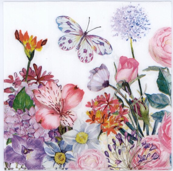 4 lose Servietten Vogel mit Blumen und Schmetterling