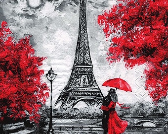 Decoupage Paper Napkins Paris Lovers Kiss Eiffel Tower | Red Umbrella Romantic Napkins|Party Napkins