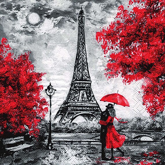 Decoupage Paper Napkins Paris Lovers Kiss Eiffel Tower Red