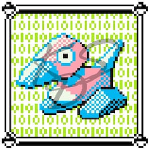 May include: A pixelated cartoon creature with a pink, blue and white colour scheme. The creature has a large, round eye and a wide, open mouth. The background is a green and white pattern.