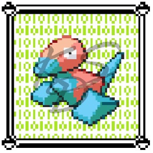 May include: A pixelated cartoon character with a red body and blue arms and legs. The character is running and has a white eye. The background is a green and white pattern.