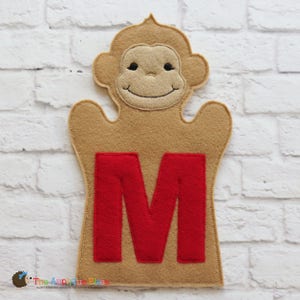 M for Monkey - Hand and Finger Puppet - In The Hoop Machine Embroidery Applique Design - ITH Puppet - Embroidery Machine Puppet Pattern