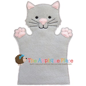May include: Gray felt hand puppet shaped like a cat with pink ears, nose, and paw prints. The cat has black eyes and whiskers. The puppet is designed for children to use for play and storytelling.
